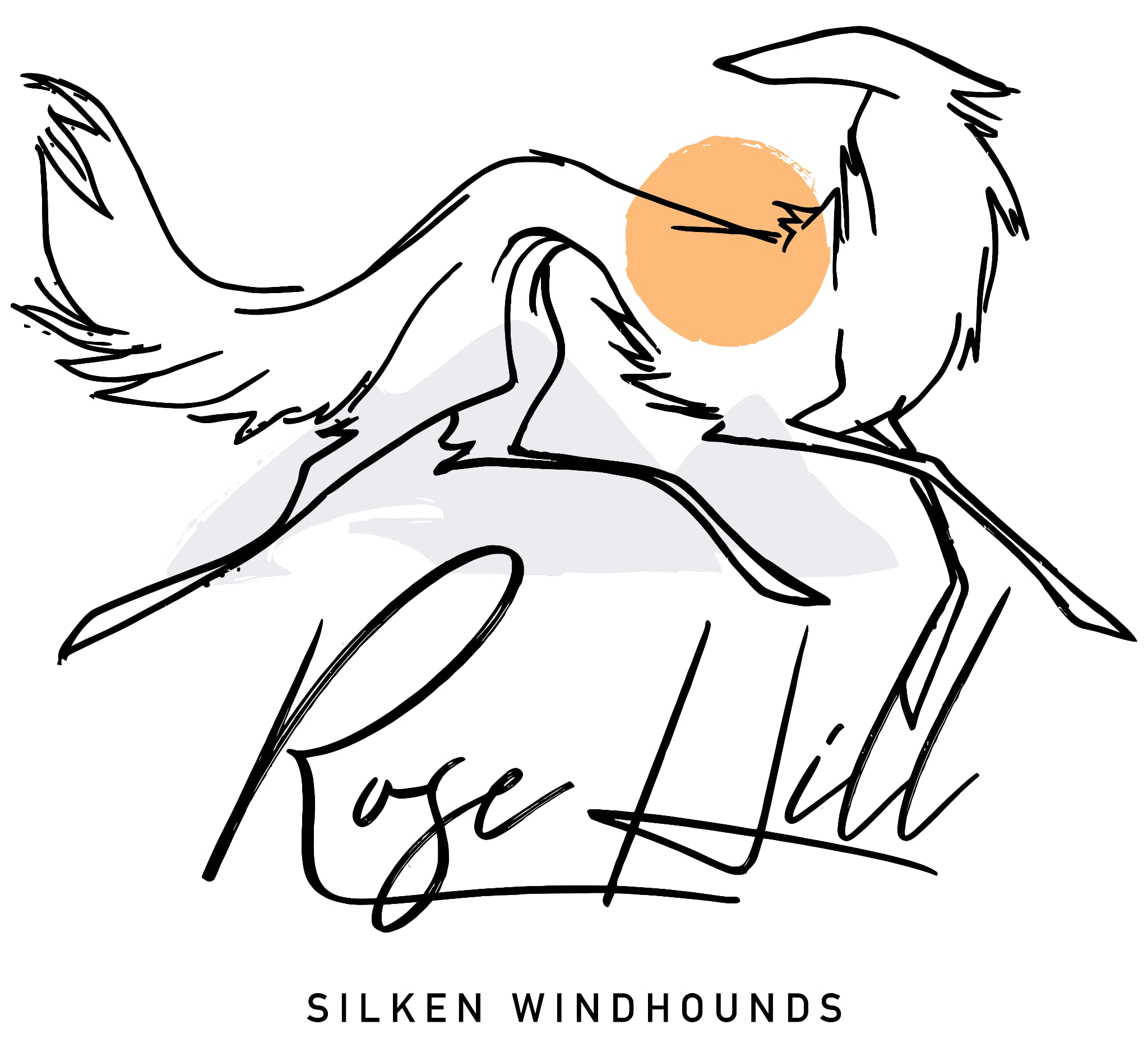 Rosehill Silken Windhounds Logo featuring a black line drawing of a silken windhound over the top of a sun and a mountain. Underneath the image, it says RoseHill Silken Windhounds